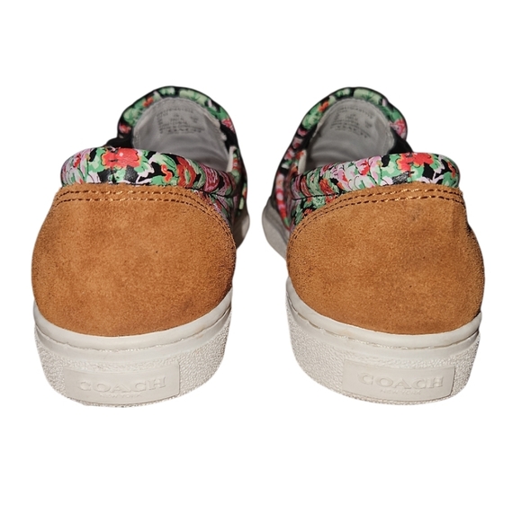COACH Soft Grain Black Ivory Pink Floral Graphic Leather Slip On Sneaker Size 6B - Picture 4 of 5